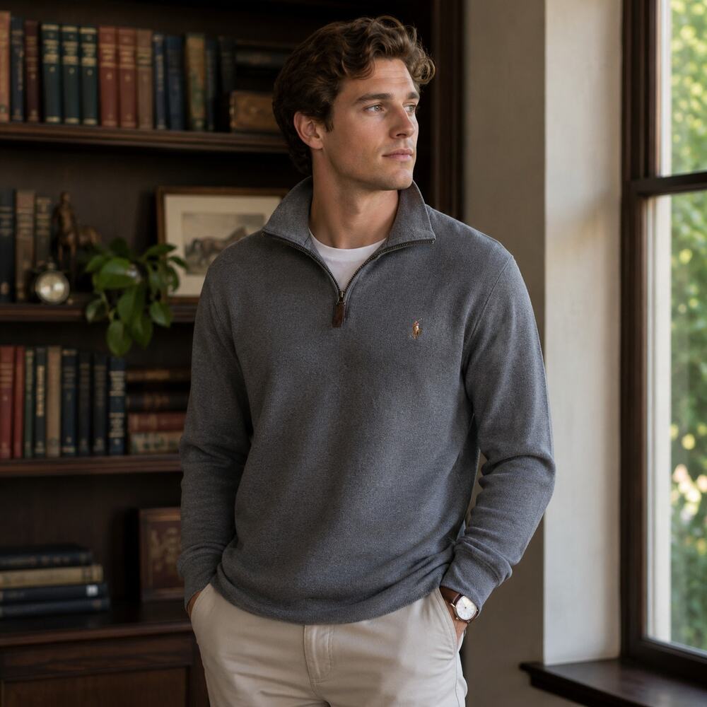 Polo Ralph Lauren Men’s L Gray Quarter Zip Pullover Luxury Sweater